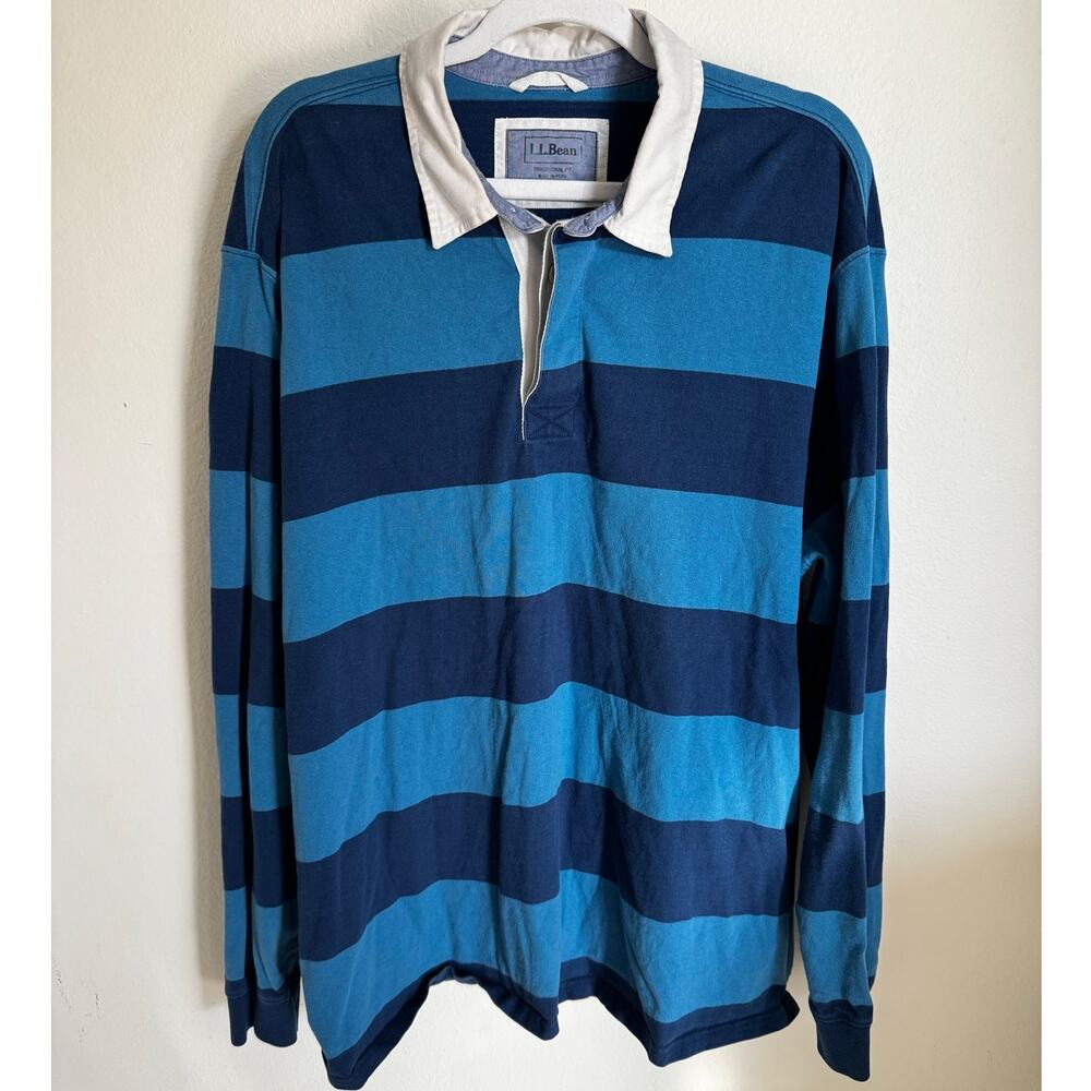 L.L. Bean Men's Rugby Shirt Size XXL Blue‎ Striped Traditional Fit 100% Cotton